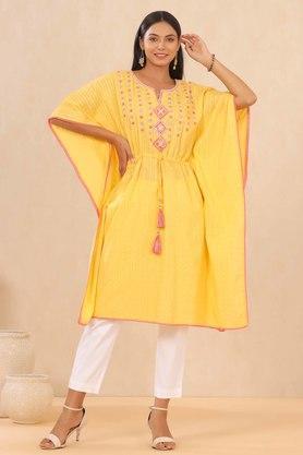 embroidered cotton dobby round neck womens kaftan - yellow