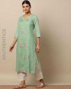 embroidered cotton dobby straight kurta with lace panels