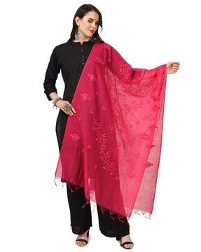 embroidered cotton dupatta with tassels