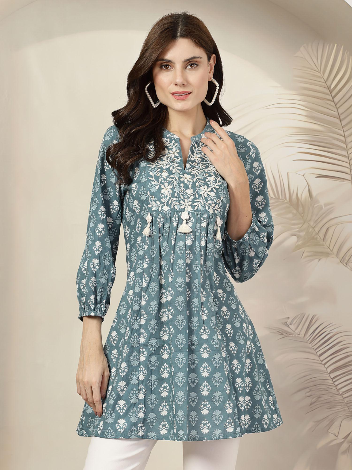 embroidered cotton flared tunic blue