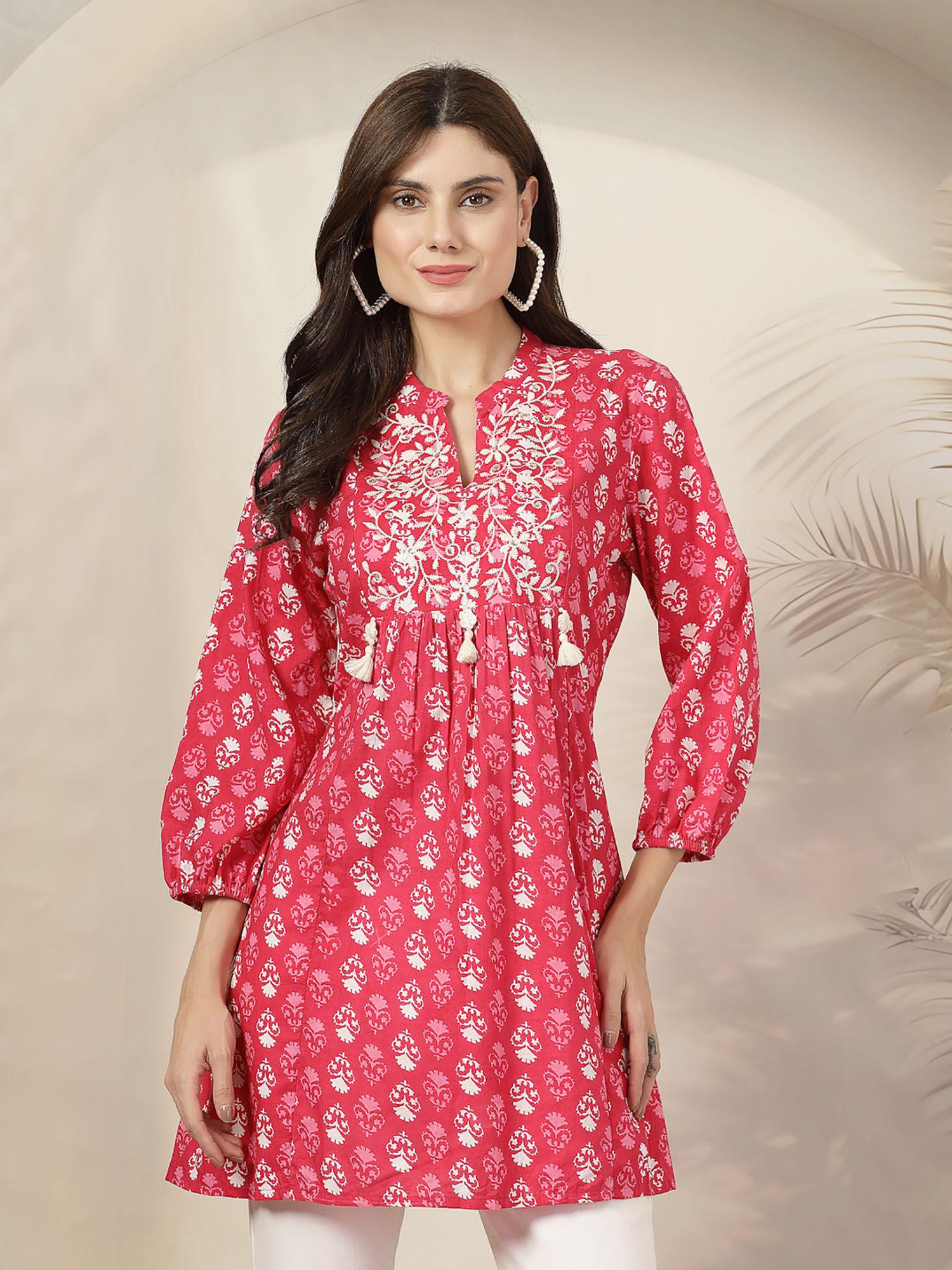 embroidered cotton flared tunic pink