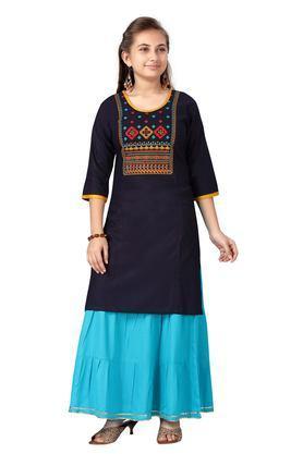 embroidered cotton full length girls kurta set - navy