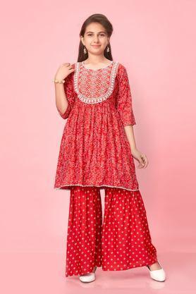 embroidered cotton full length girls kurta set - orange