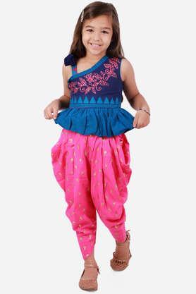embroidered cotton full length girls top & dhoti pant set - blue