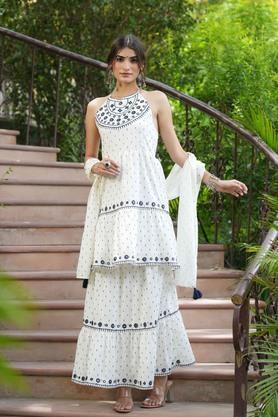embroidered cotton halter neck women's kurta trouser dupatta set - off white