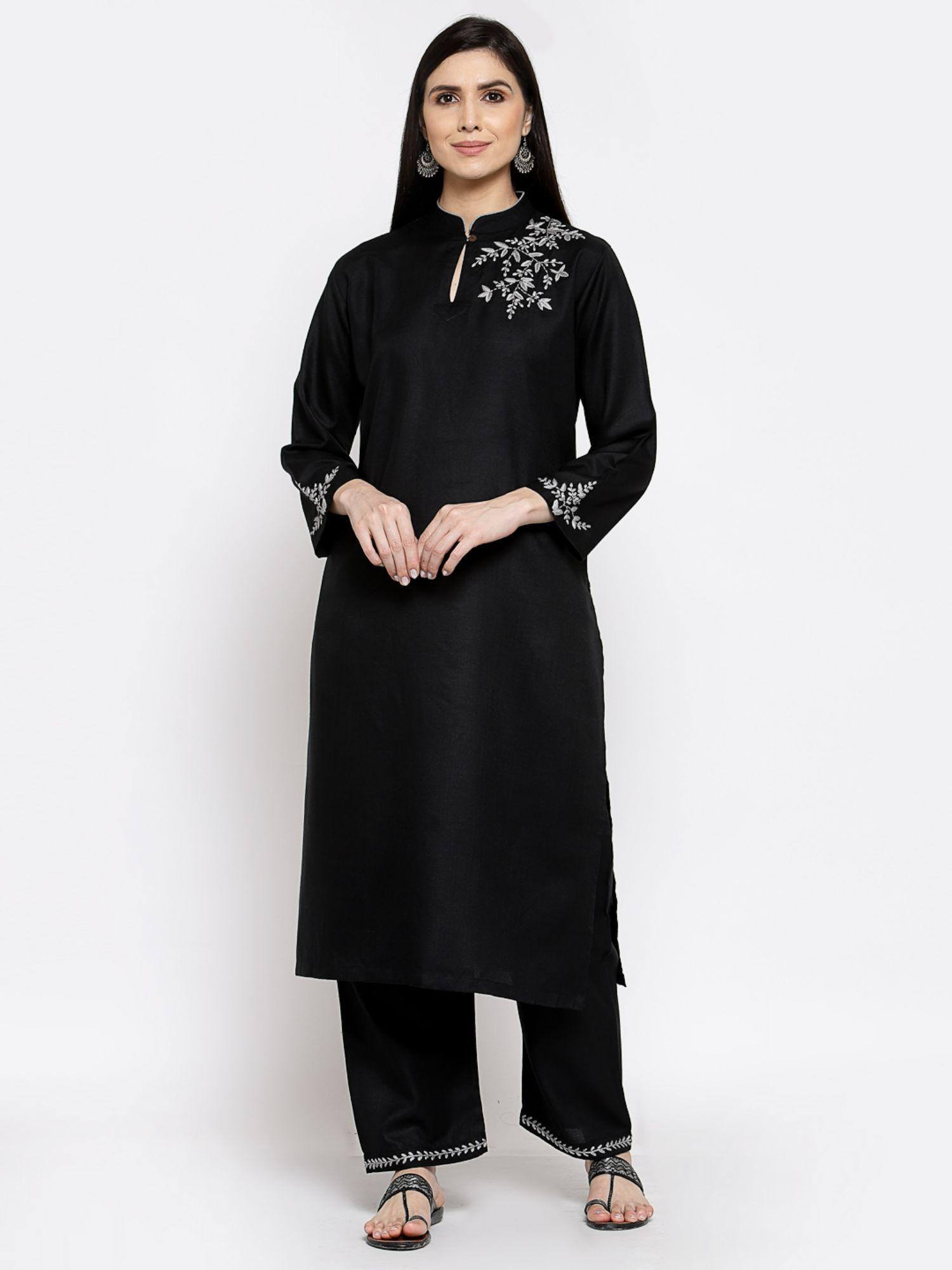 embroidered cotton kurta and palazzo black (set of 2)