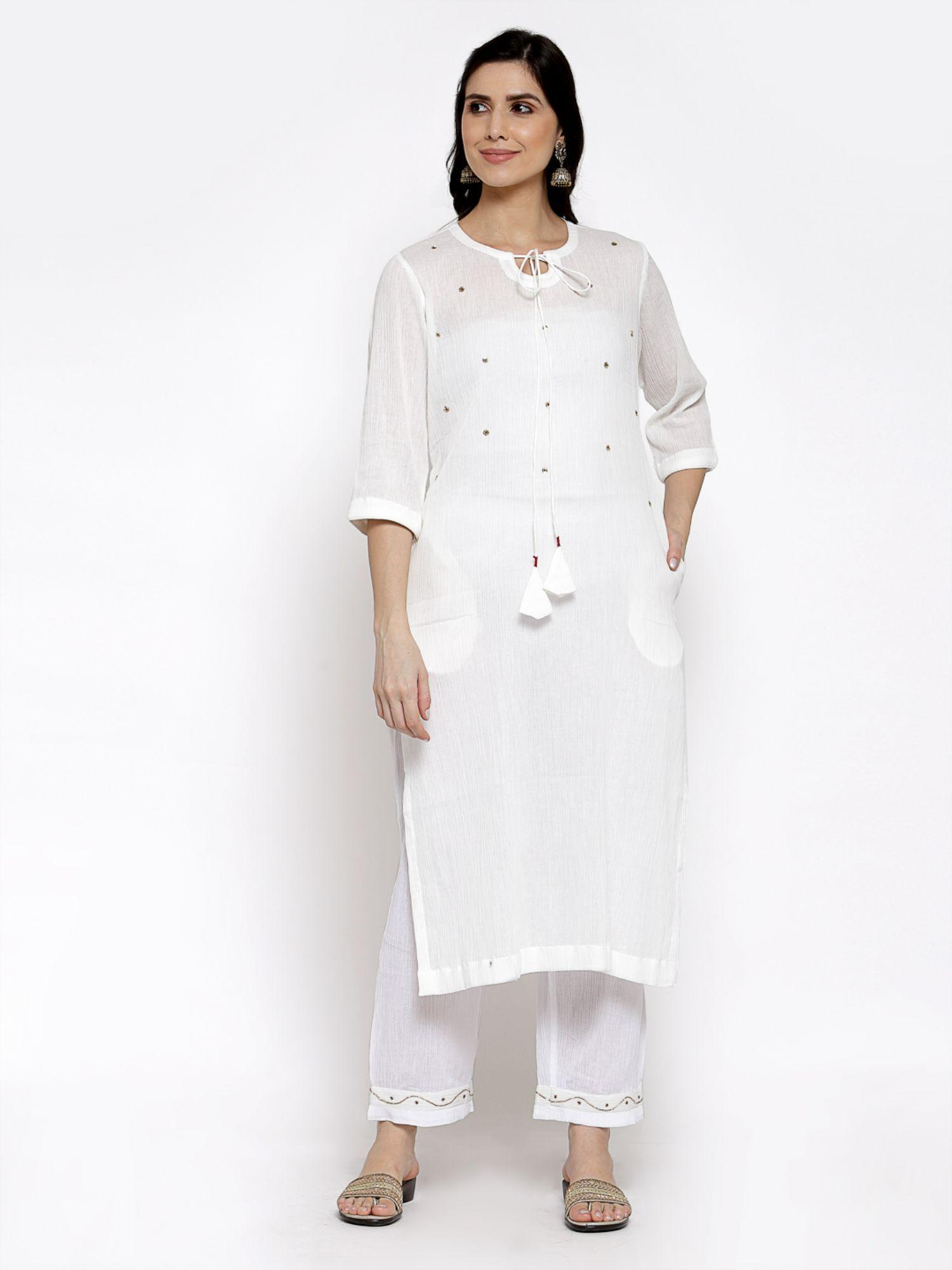 embroidered cotton kurta and palazzo with slip white (set of 3)