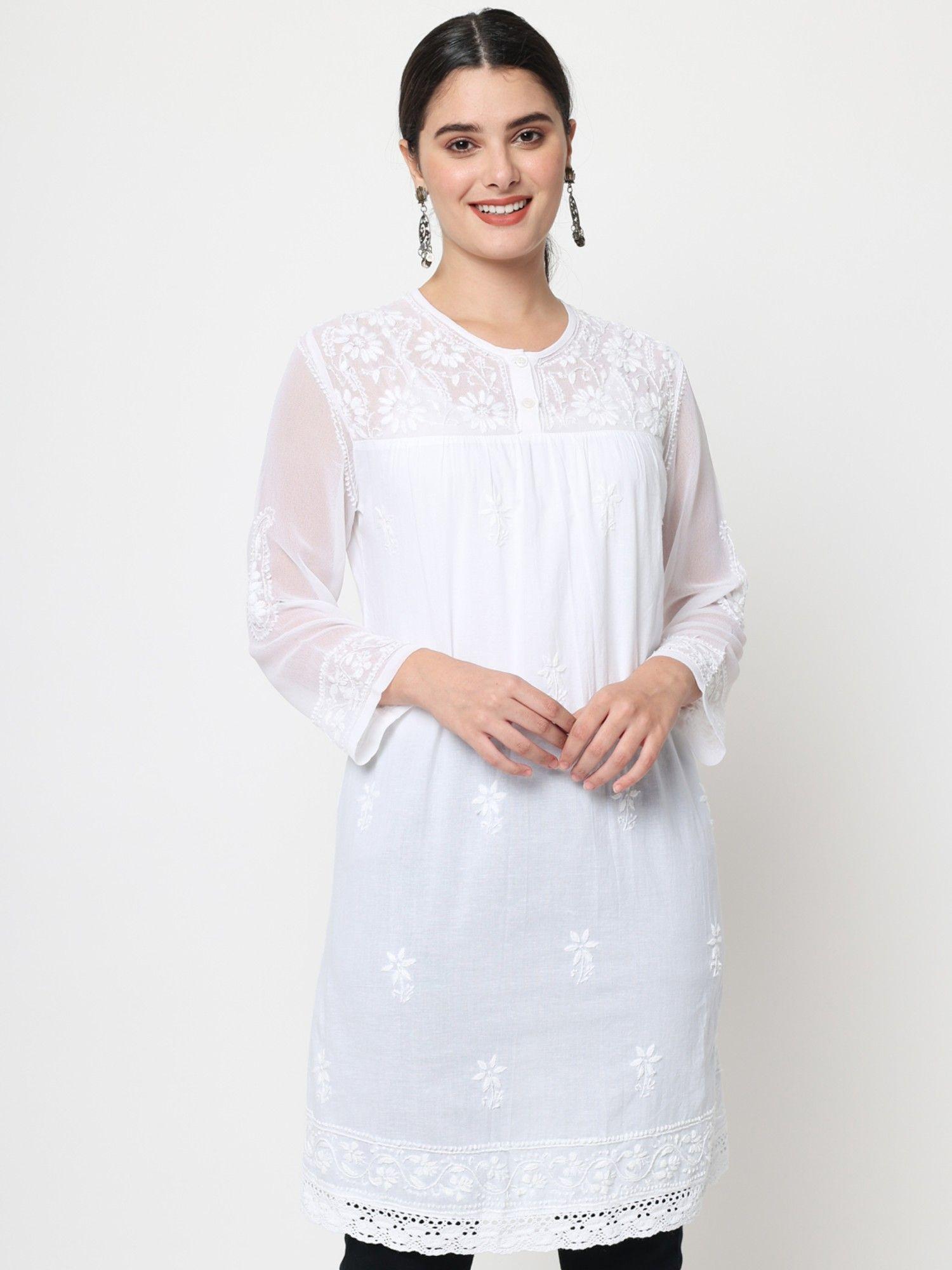 embroidered cotton long sleeves chikankari tunic