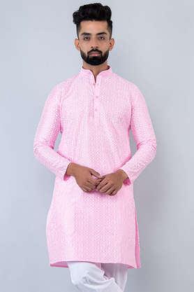 embroidered cotton mandarin men's kurta - pink