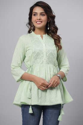 embroidered cotton mandarin women's casual wear tunic - green