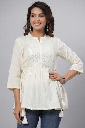 embroidered cotton mandarin women's casual wear tunic - off white