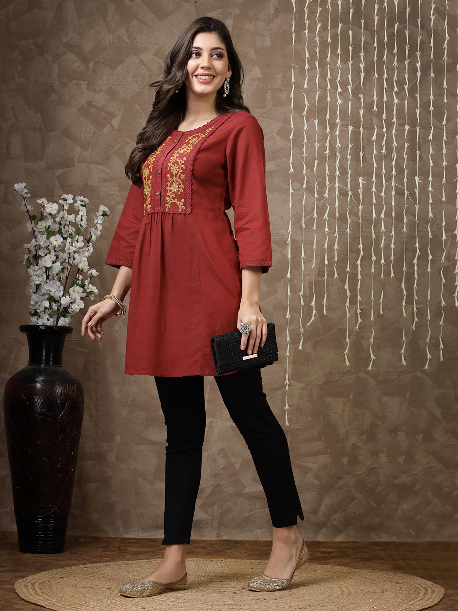 embroidered cotton maroon tunic