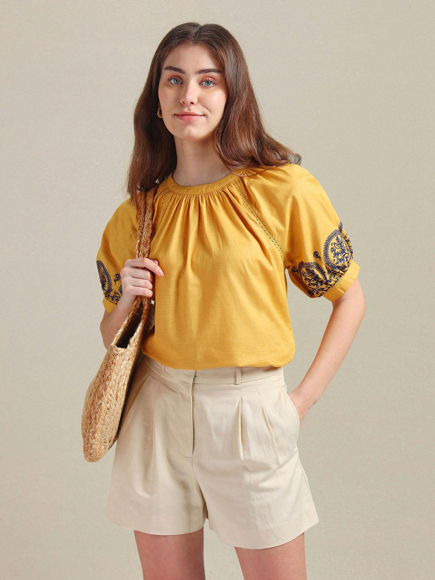 embroidered cotton mustard top