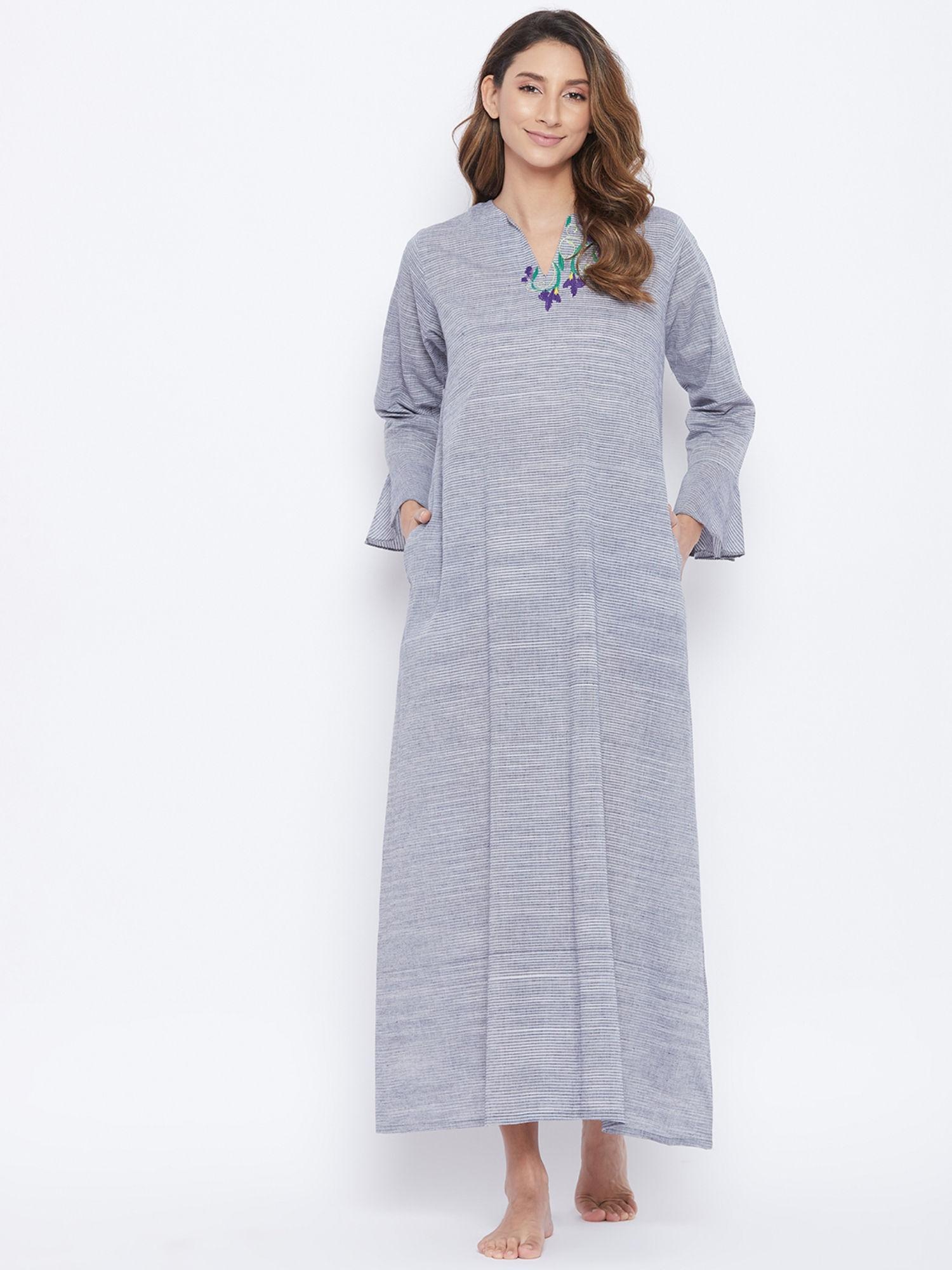 embroidered cotton neckline nightdress - grey