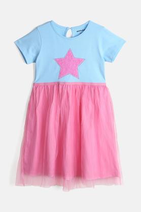 embroidered cotton regular fit girls dress - blue