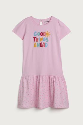 embroidered cotton regular fit girls dress - pink