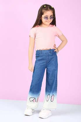 embroidered cotton regular fit girls jeggings - blue