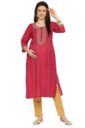 embroidered cotton regular fit maternity cum nursing women's kurta - pink