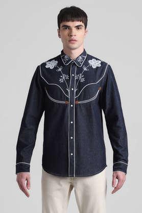 embroidered cotton regular fit men's casual wear shirt - blue
