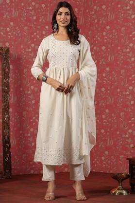 embroidered cotton regular fit women's kurta set - cream
