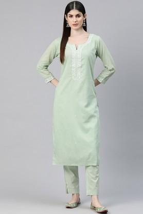 embroidered cotton regular fit women's kurta set - green
