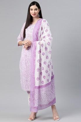 embroidered cotton regular fit women's kurta set - purple