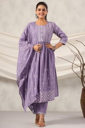 embroidered cotton regular fit women's kurta set - purple