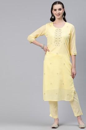 embroidered cotton regular fit women's kurta set - yellow