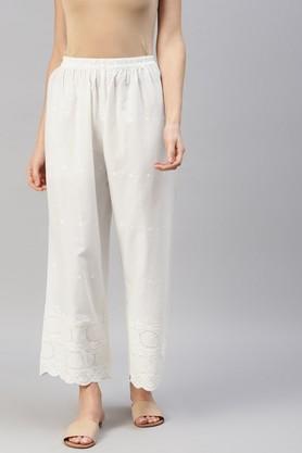 embroidered cotton regular fit women's palazzos - off white