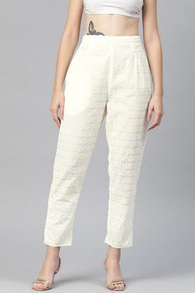 embroidered cotton regular fit women's palazzos - off white