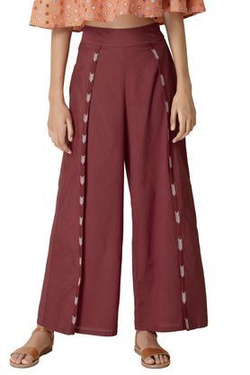 embroidered cotton regular fit women's pants - maroon