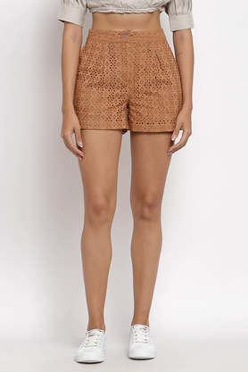 embroidered cotton regular fit women's shorts - brown