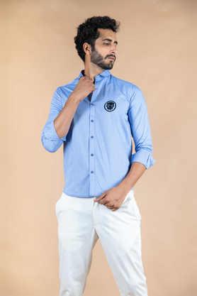 embroidered cotton relaxed fit men's casual shirt - blue