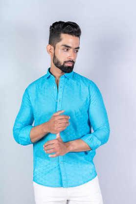 embroidered cotton relaxed fit men's casual shirt - sky blue