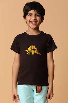 embroidered cotton round neck boys t-shirt - brown