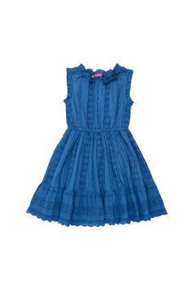 embroidered cotton round neck girls casual wear dress - blue