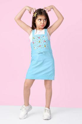 embroidered cotton round neck girls dress - blue