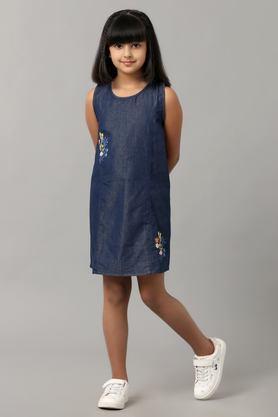 embroidered cotton round neck girls fusion wear dress - blue