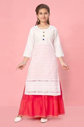 embroidered cotton round neck girls kurta - white