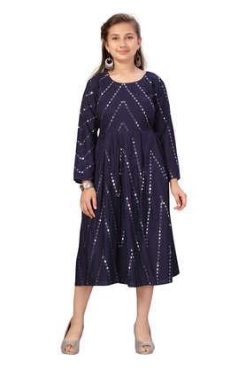 embroidered cotton round neck girls party wear dress - navy