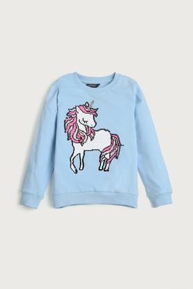 embroidered cotton round neck girls sweatshirt - blue