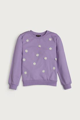 embroidered cotton round neck girls sweatshirt - lavender