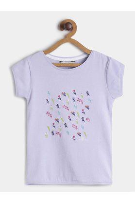 embroidered cotton round neck girls t-shirt - purple