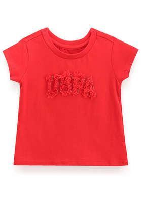 embroidered cotton round neck girls t-shirt - red