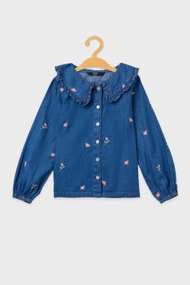 embroidered cotton round neck girls top - mid stone