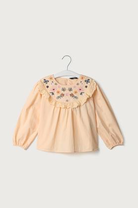 embroidered cotton round neck girls top - peach