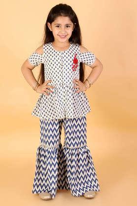 embroidered cotton round neck girls top with sharara set - blue