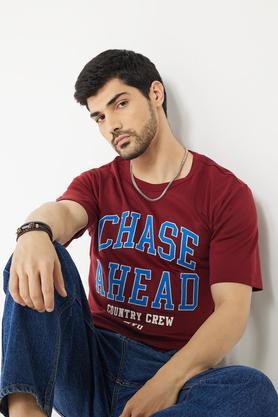 embroidered cotton round neck men's t-shirt - red