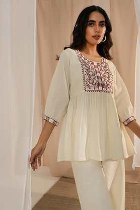 embroidered cotton round neck women's a-line casual wear kurti - off white