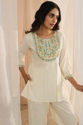 embroidered cotton round neck women's a-line casual wear kurti - off white